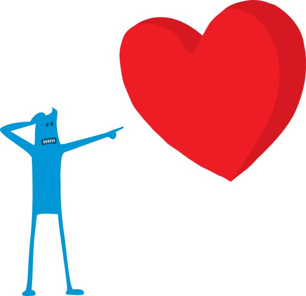 istock Funny doodle character afraid of love or huge heart 669750786
