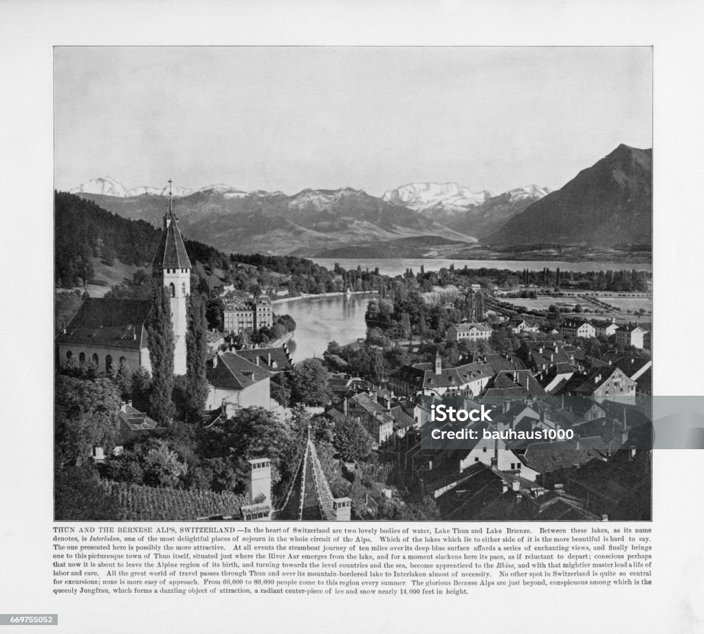 Antique Swiss Photograph: Thun and the Bernese Alps, Switzerland, 1893 Antique Swiss Photograph: Thun and the Bernese Alps, Switzerland, 1893. Source: Original edition from my own archives. Copyright has expired on this artwork. Digitally restored. 1900 Stock Photo