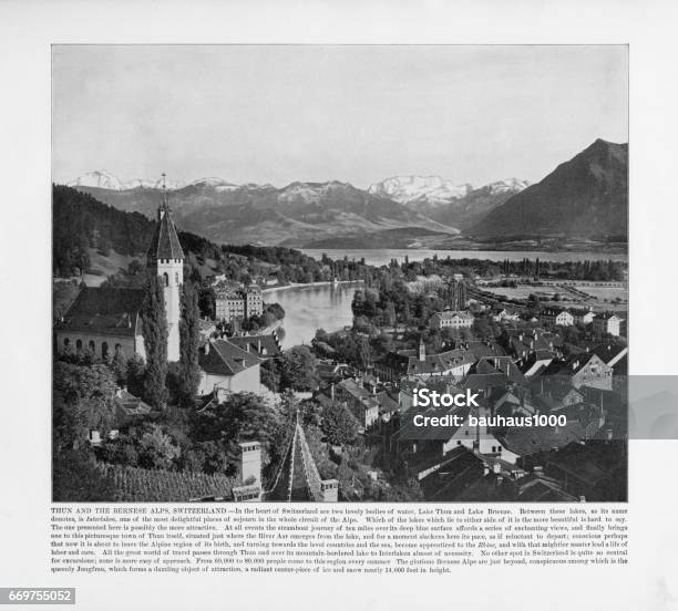 Antique Swiss Photograph Thun And The Bernese Alps Switzerland 1893 Stock Photo - Download Image Now