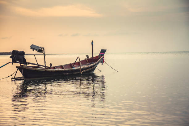 istock Tranquil sea scenery with traditional floating asian boat during sunset 669757772