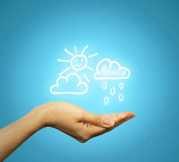 Photo of hand holding cloud sun rain icons, symbols