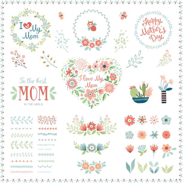 Mother's Day Floral Elements_07 Mother's Day set with typographic design elements. Flowers, branches, brushes, wreath, floral heart, butterflies, plant pots and vases. Vector illustration. ladybird book stock illustrations