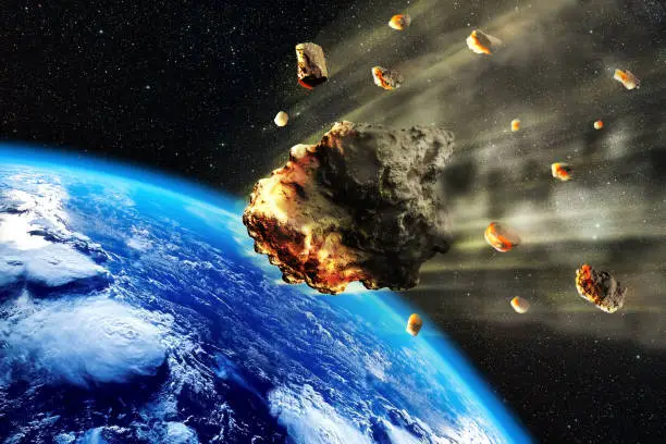 3D rendering of a swarm of Meteorites or asteroides entering the Earth atmosphere.