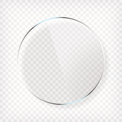 Transparent round circle glass plate mock up. See through element on checkered background. Plastic banner with reflection and shadow. Photo realistic vector illustration