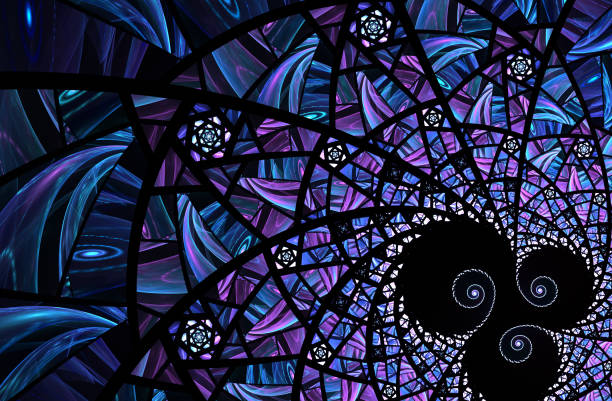 spiralny niebieski wzór fraktalny mozaiki - stained glass church window glass stock illustrations