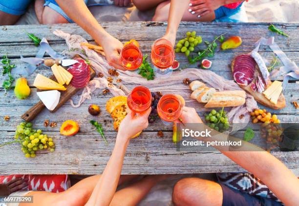 Top View Beach Picnic Table Stock Photo - Download Image Now - Beach, Food, Fine Dining