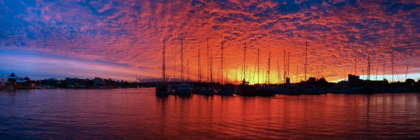 Crimson and Blue Marina Sunset Panorama.
