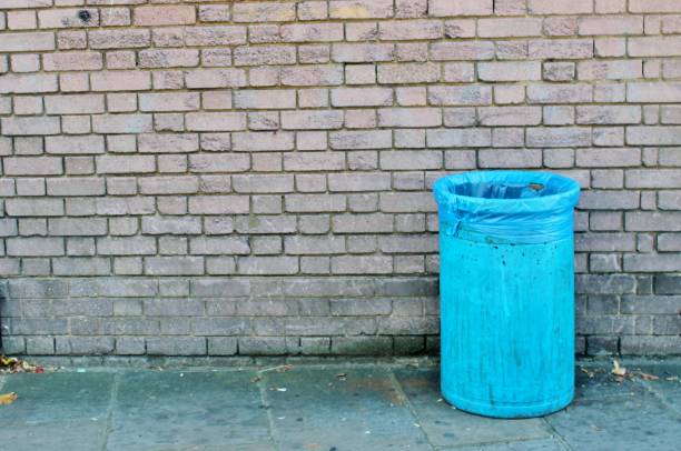 istock Trash can dustbins trashcan rubbish bins outside against brick wall 669801090