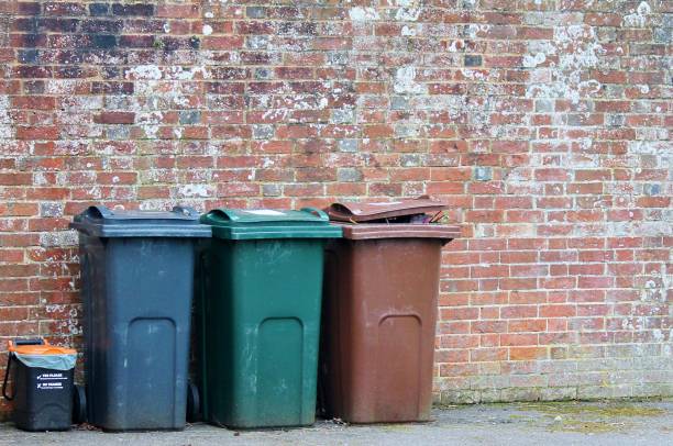 istock dustbins trashcan rubbish bins outside against brick wall 669801676