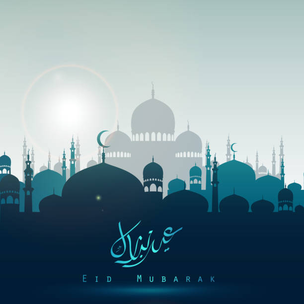 明るい夜にシルエットモスクを持つイード・ムバラクの背景 - koran muhammad night spirituality点のイラスト素材／クリップアート素材／マンガ素材／アイコン素材