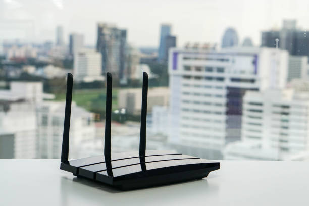 WiFi router with city view stock photo