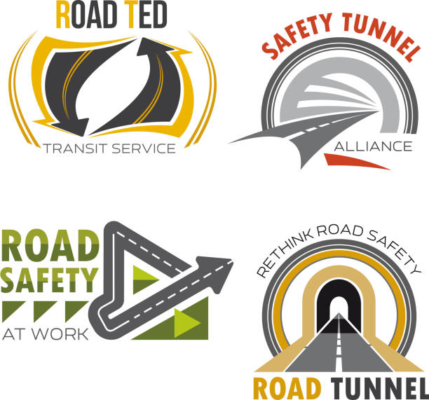 Road and highway isolated symbol set Road and highway symbol set. Road tunnel and freeway interchange sign for road and traffic safety badge, transit service emblem, transportation themes design motorboat maintenance stock illustrations