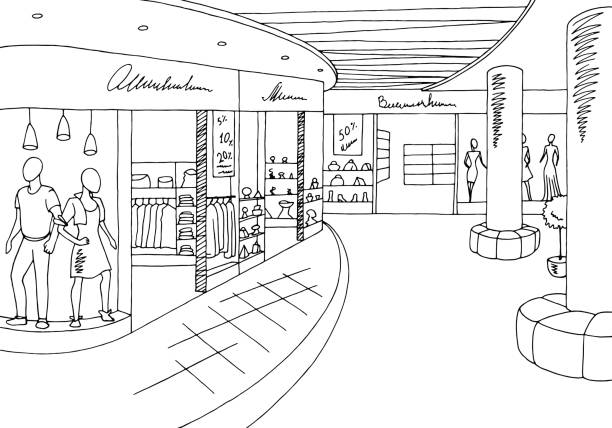 stockillustraties, clipart, cartoons en iconen met winkelcentrum graphic zwart wit interieur schets illustratie vector - winkelcentrum
