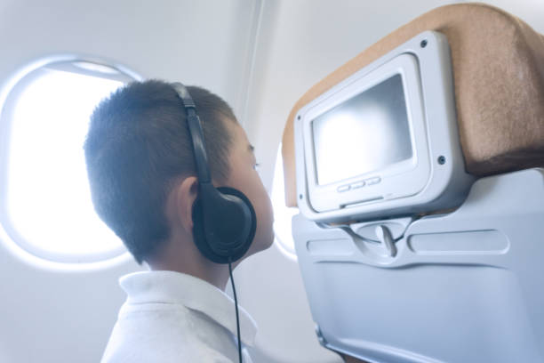istock Young boy watching tv in airplane 669839682