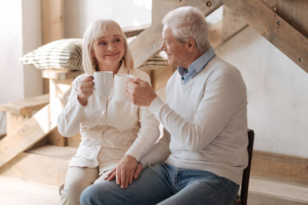 istock Happy aged couple drinking tea 669846600