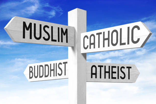 istock Religion concept - wooden signpost 669847042