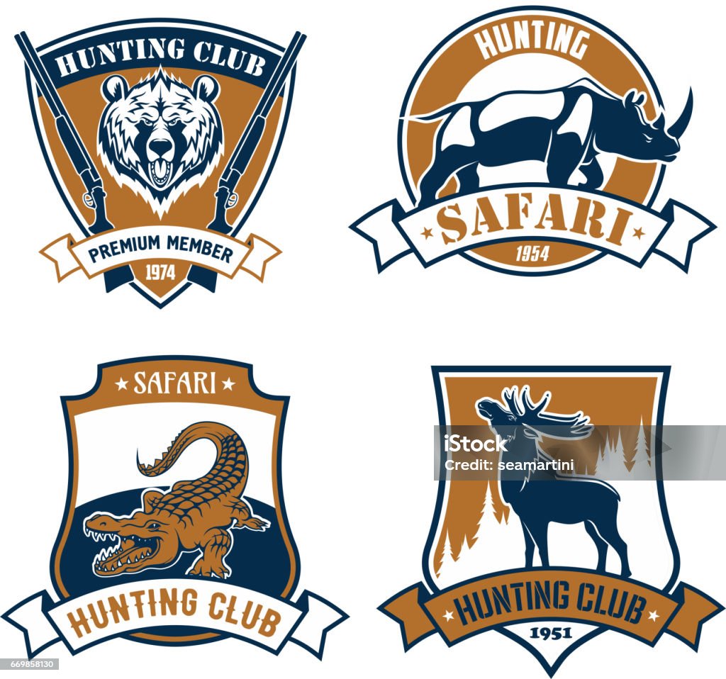 Hunting club vector icons, safari hunt emblems Hunting safari club icons and vector hunt emblems set of wild African safari animals grizzly bear and rhinoceros or hippopotamus, alligator or cayman crocodile, elk, deer or reindeer with antlers. Vector signs or ribbon badges for hunter adventure Bear stock vector