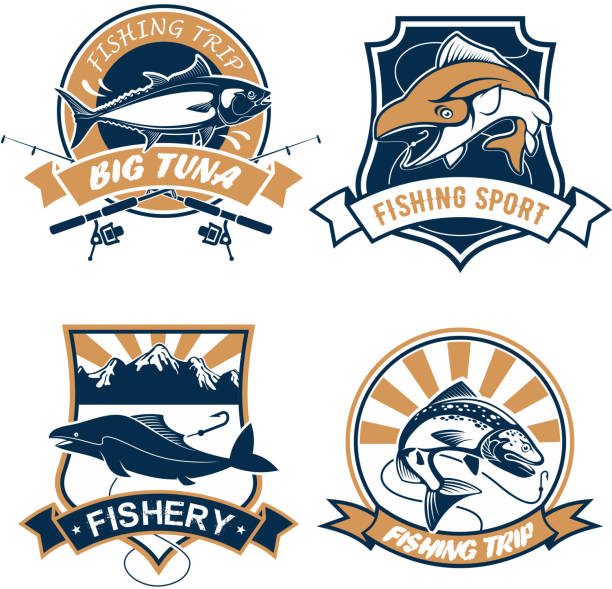 ilustrações, clipart, desenhos animados e ícones de conjunto de ícones vetors do esporte de pesca e do clube de pesca - catfish fish fishing fishing hook