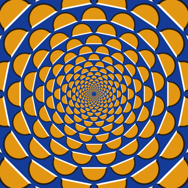 istock Optical motion illusion background. Orange crescents fly apart circularly from the center on blue background. 669860926