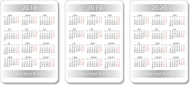 Vector illustration of Vector pocket calendar set. 2018, 2019 and 2020 years. White design template.