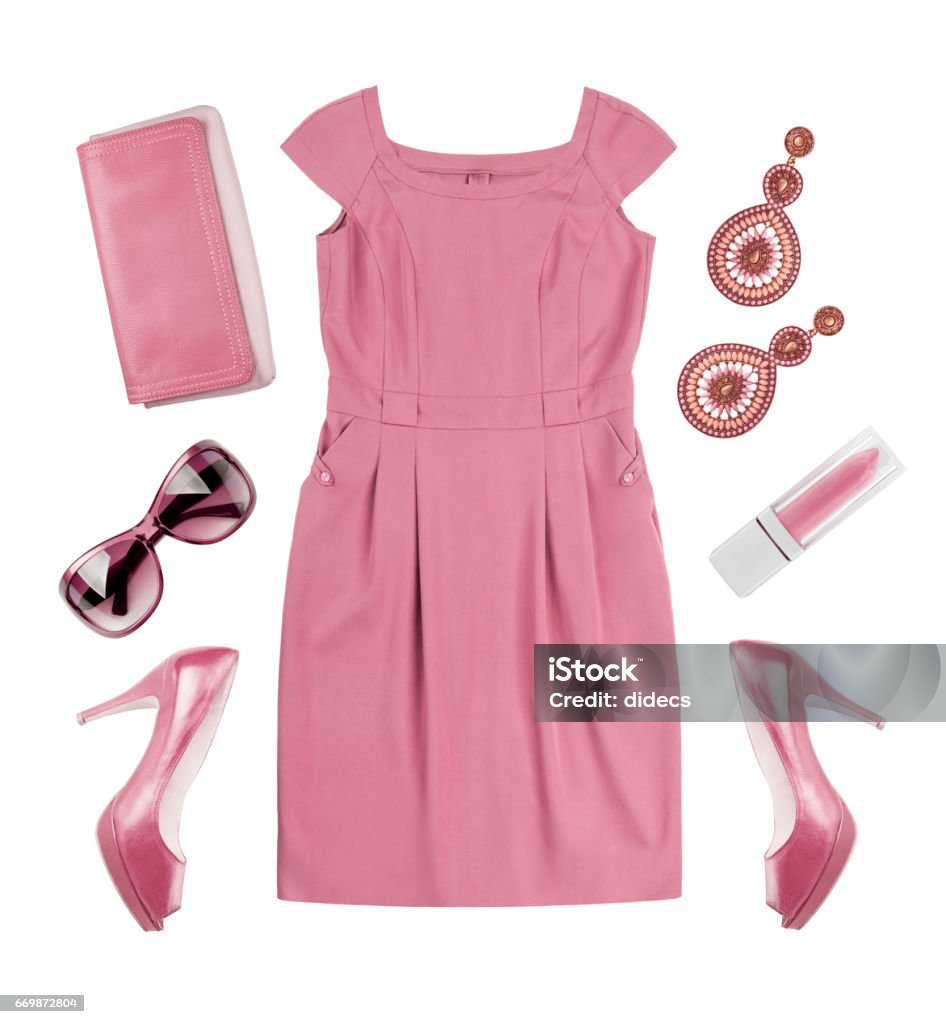 Collage of woman pink summer dress and accessories on white Clothing Stock Photo