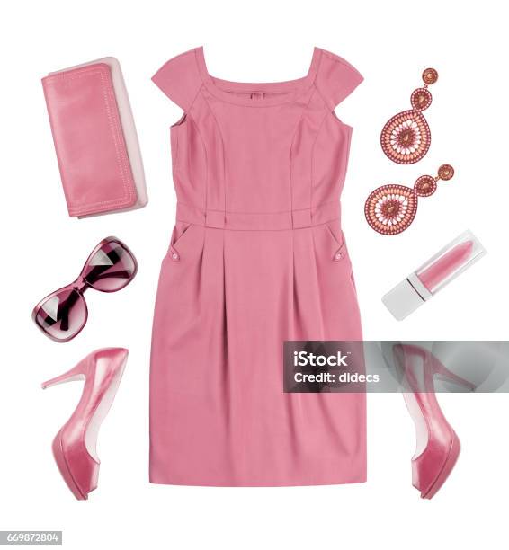 Collage Of Woman Pink Summer Dress And Accessories On White Stock Photo - Download Image Now