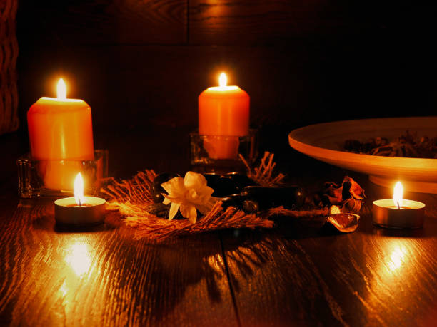 istock Tranquil scene with candles. Area for meditation and relaxation 669878240