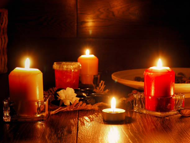 istock Tranquil scene with candles. Area for meditation and relaxation 669878344