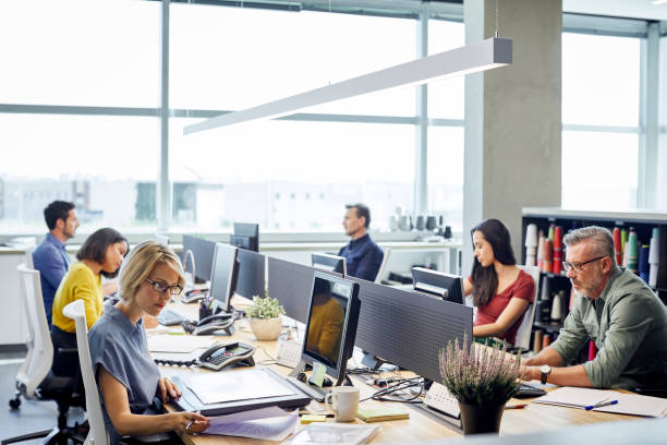 business people working at desk by windows - office people zdjęcia i obrazy z banku zdjęć