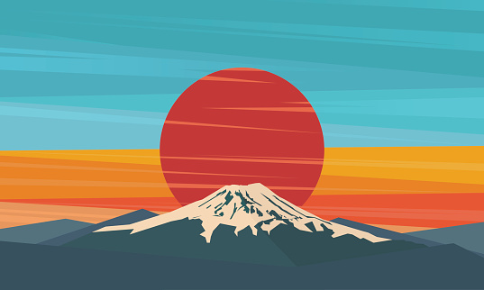 Mountain, volcano on the sun. Fuji against red sunset. Symbol of Japan. Vector illustration.