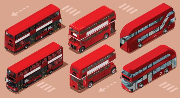 London Red Bus 3D Vector Isometric Red bus isolated double decker London UK England isometric vehicle icon set. 3D flat vector illustration double decker bus stock illustrations