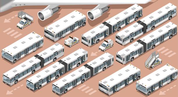 airport terminal airfield bus shuttle 3d vehicle izometryczny zestaw - picking up flash stock illustrations