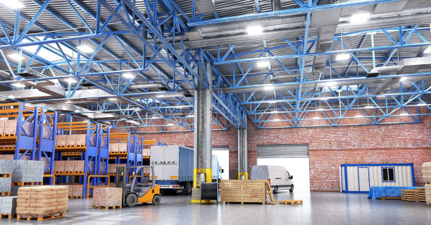 istock Concept of warehouse. The forklift in the big warehouse on blurred background. 3d illustration 669907090