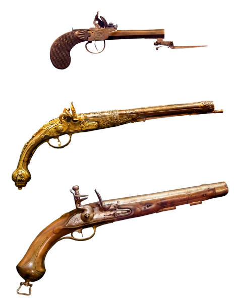 istock Three Vintage antique gun isolated on white background 669907646