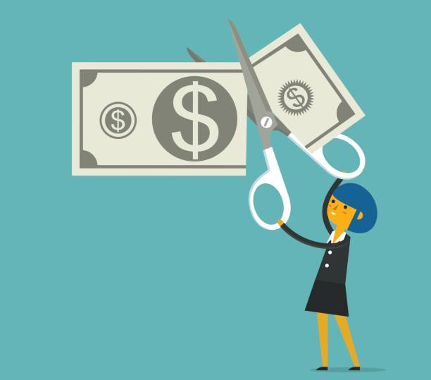 ilustrações de stock, clip art, desenhos animados e ícones de budget cut with businesswoman - currency loss women spending money