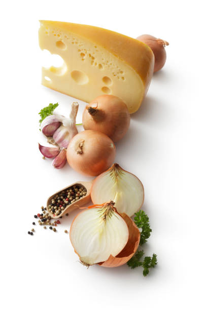 Ingredients: Cheese, Onion, Garlic, Parsley and Pepper Isolated on White Background