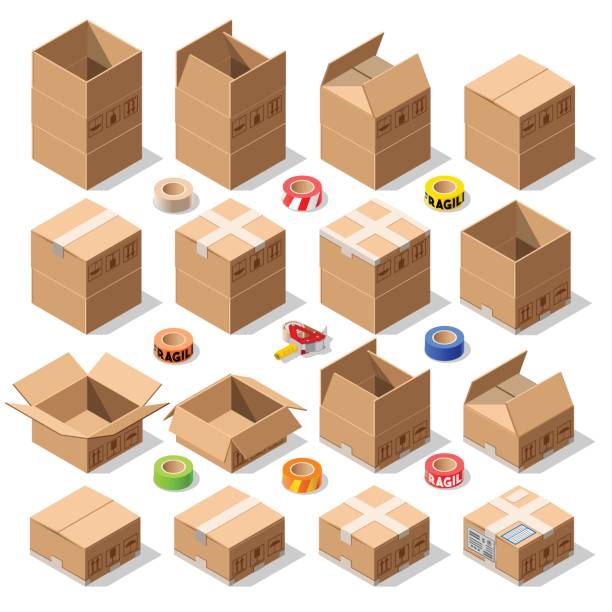 ilustrações de stock, clip art, desenhos animados e ícones de cardboard delivery box packaging 3d isometric vector icons - packaging packing adhesive tape box