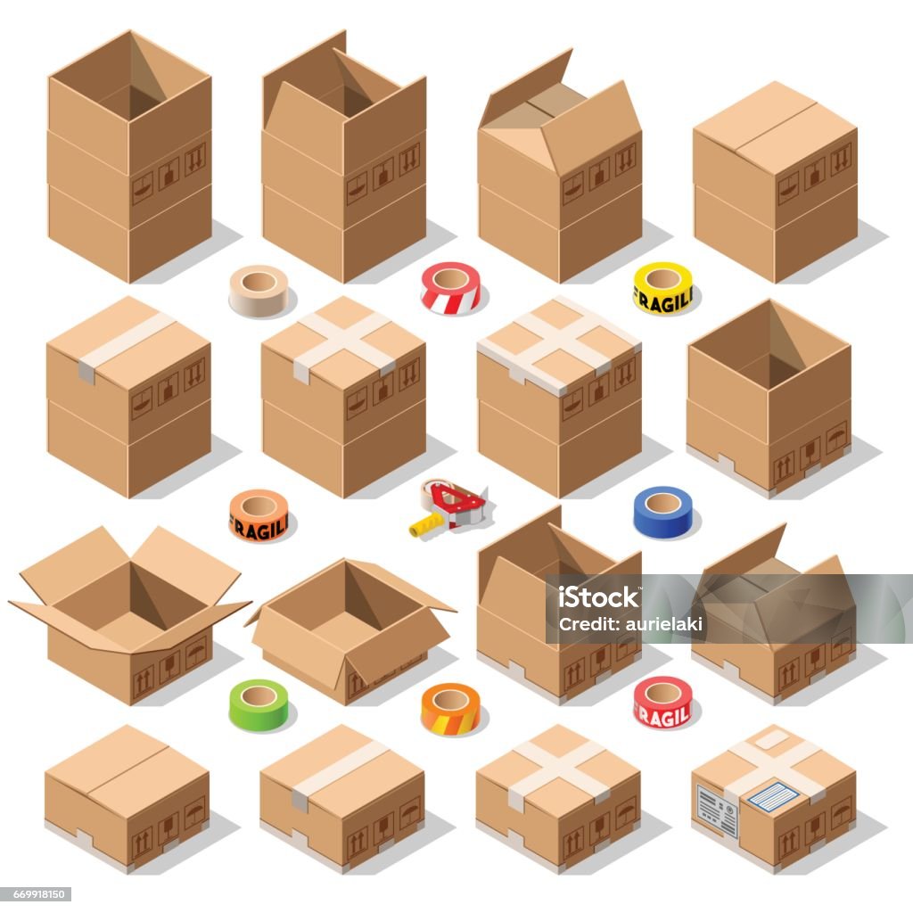 Cardboard Delivery Box Packaging 3D Isometric Vector Icons Cardboard Boxes Set opened closed sealed with tape dispenser big or small format. Flat style vector illustration isolated on white background. Delivery Infographic for holiday gift Box - Container stock vector