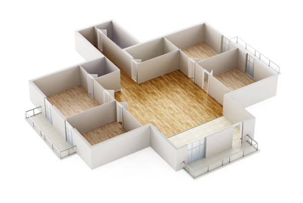 Empty house interior model showing walls, doors and floor Empty house interior model showing walls, doors and floor. architectural model house stock illustrations