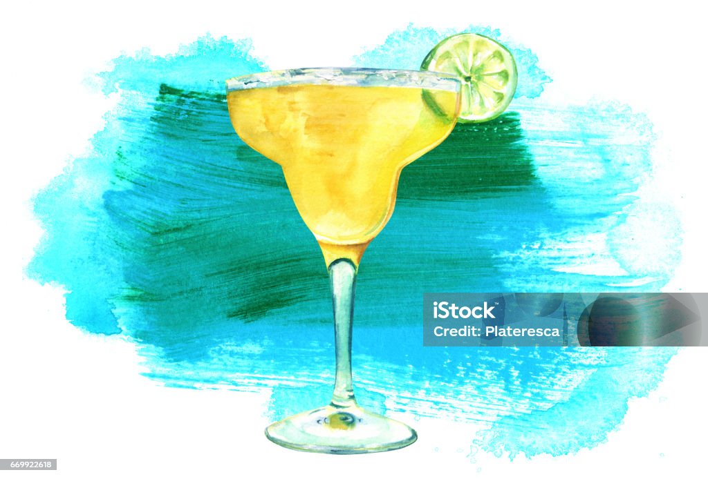 Watercolour Margarita cocktail with textured stain and copyspace A watercolour drawing of a Margarita cocktail with a slice of lime, on a white background with a textured teal blue stain Margarita stock illustration