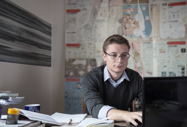 Young male student using laptop in his home office stock photo