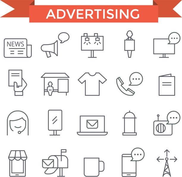 Advertising icons. Advertising icons, thin line, flat design spokesmodel stock illustrations