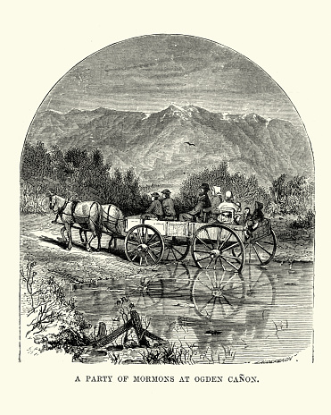 Vintage engraving of a Party of Mormons travelling by waggon at Ogden Canyon, 19th Century