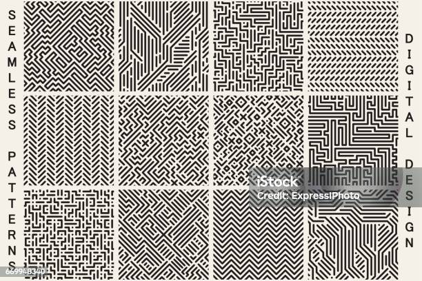 Collection Of Striped Seamless Geometric Patterns Stock Illustration - Download Image Now - Pattern, Maze, Technology