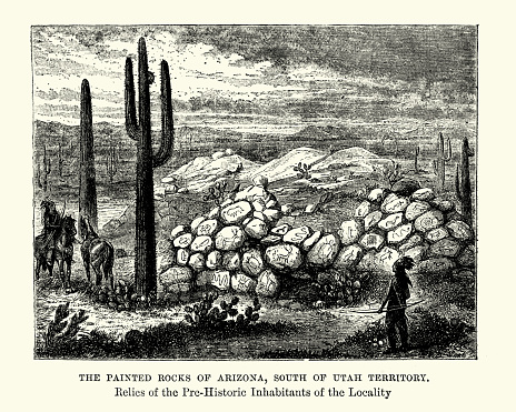 Vintage engraving of the Painted Rock Petroglyph Site, Arizona, 19th Century. A collection of hundreds of ancient petroglyphs near the town of Theba, Arizona