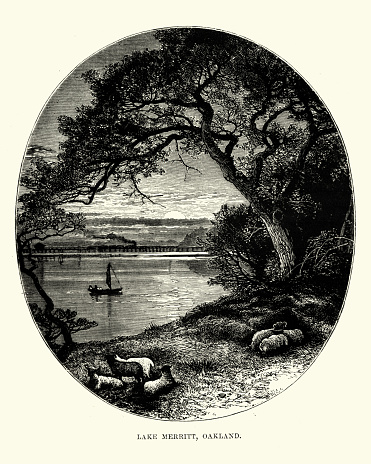 Vintage engraving of Lake Merritt, Oakland, California, 19th Century. Lake Merritt is a large tidal lagoon in the center of Oakland, California, just east of Downtown.