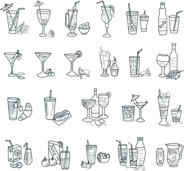stockillustraties, clipart, cartoons en iconen met cocktails doodles - dranken illustraties