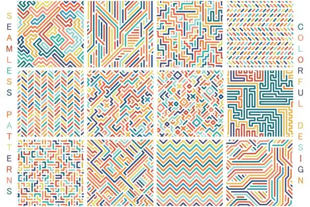 Vector illustration of Collection of colorful seamless geometric patterns. Fashion 80-90s.