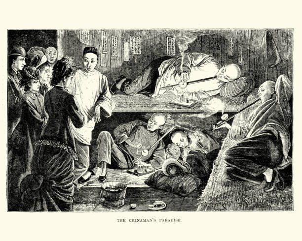 Chinese Opium den, San Francisco, 19th Century Vintage engraving of a Chinese Opium den, San Francisco, 19th Century opium stock illustrations