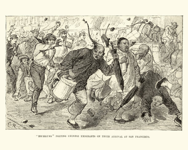 Vintage engraving of Chinese emigrants being attacked by locals, San Francisco, 19th Century